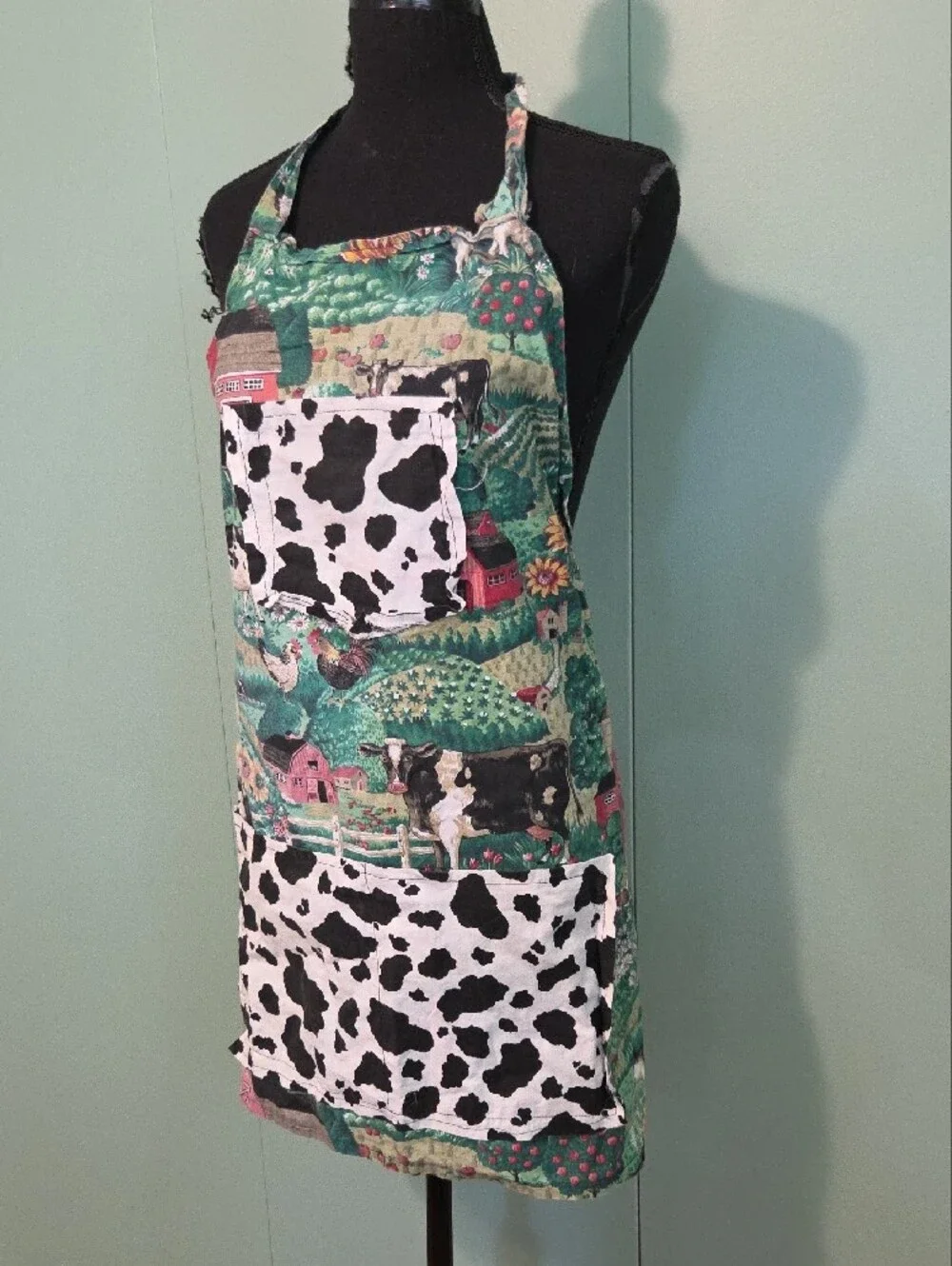 Handmade Farmhouse Cow Print Apron Green, Black & White